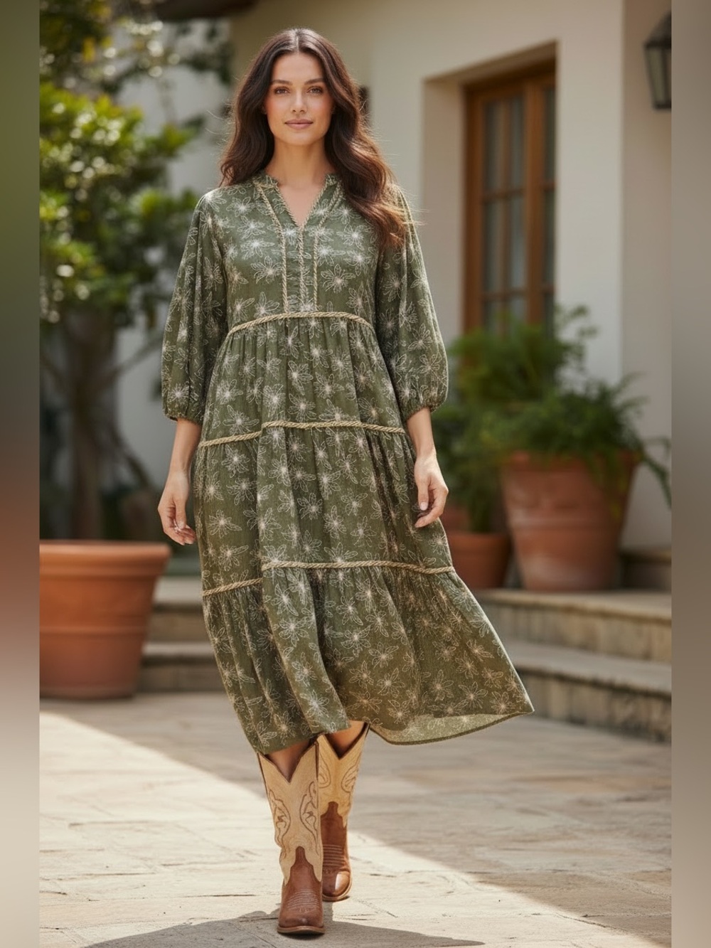 She + Sky Relaxed Tiered Midi Dress. Light Olive Green with White Palm Leaf. NWT